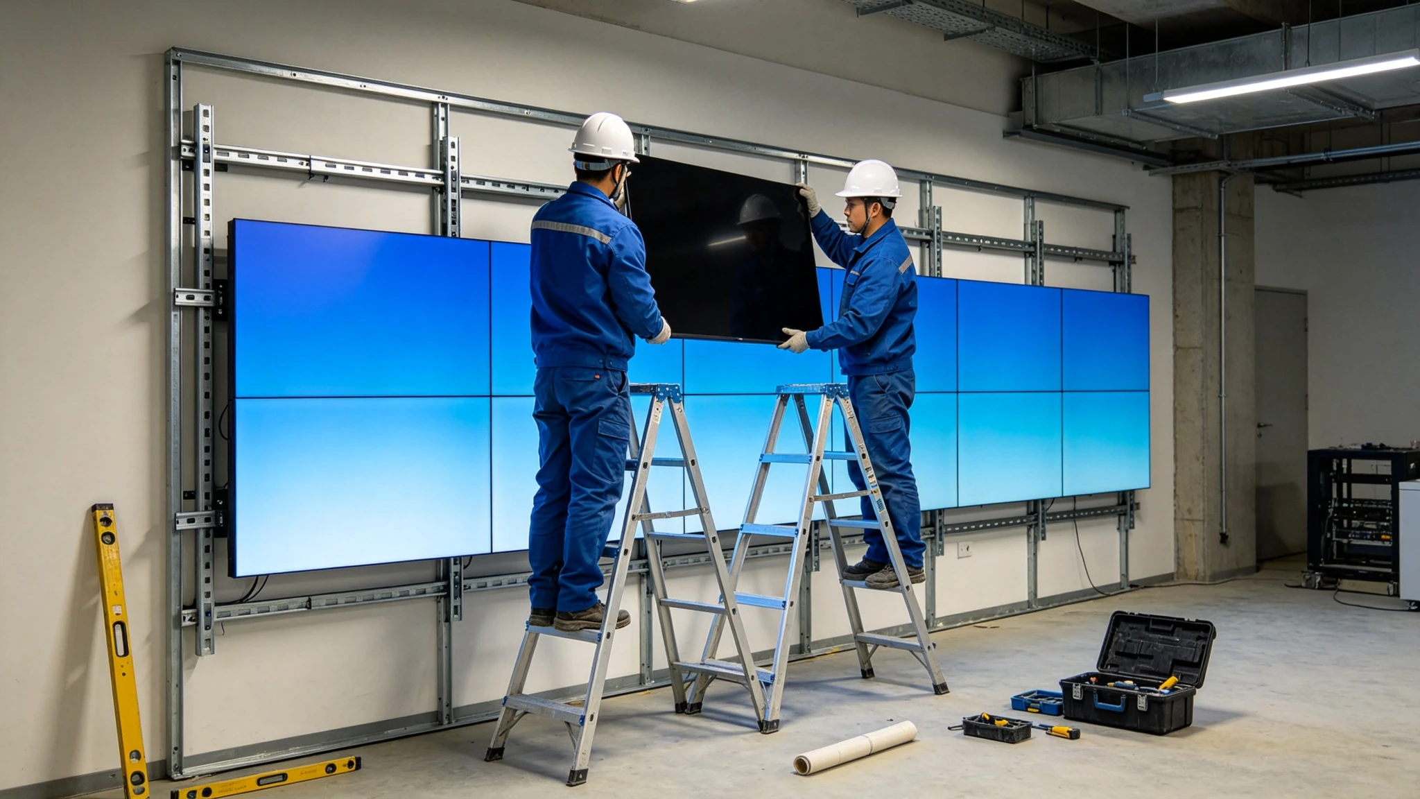 Technicians installing video wall units on wall brackets