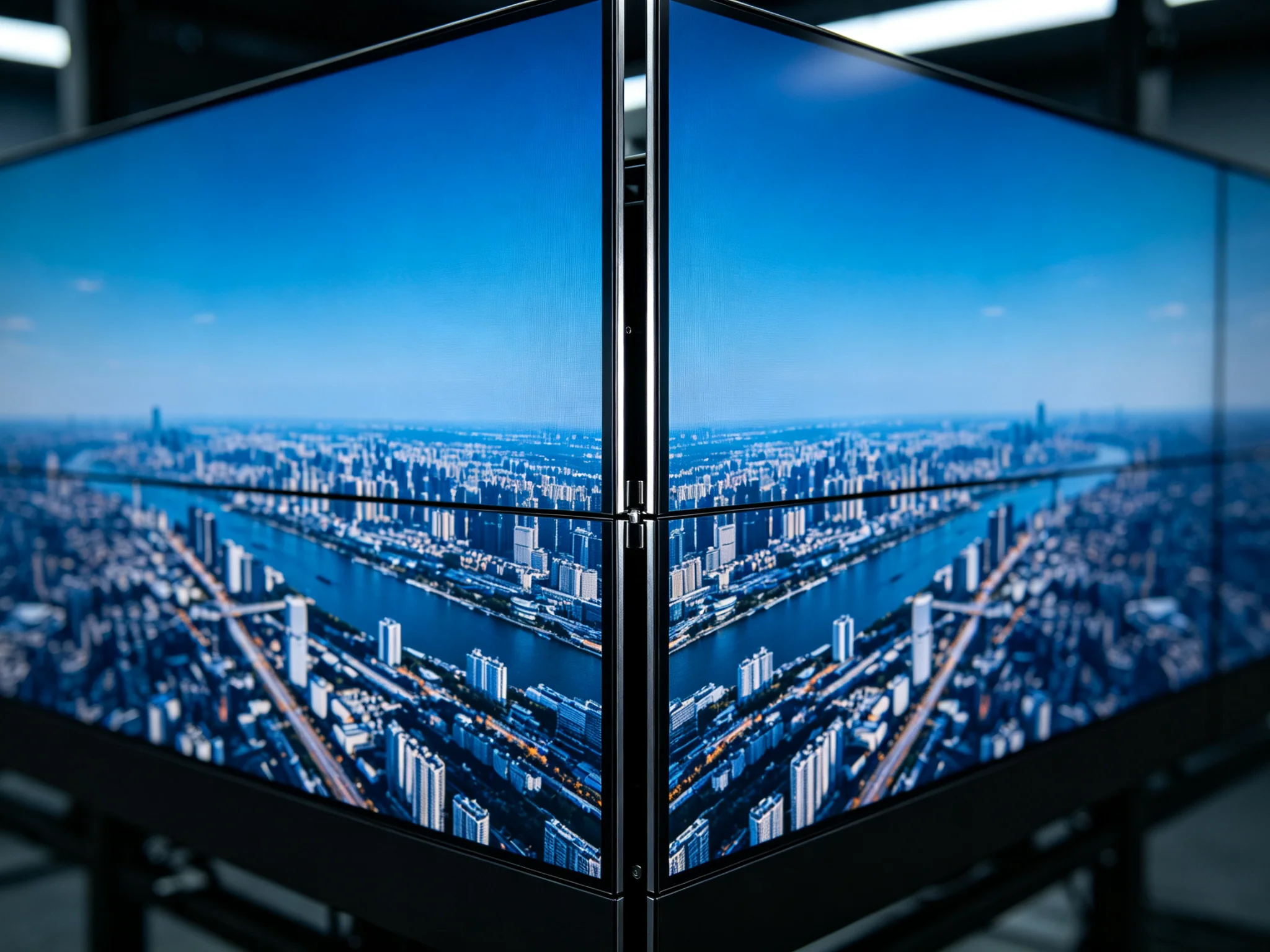 0.88mm ultra‑narrow bezel LCD video wall close‑up showing continuous imagery across the seam