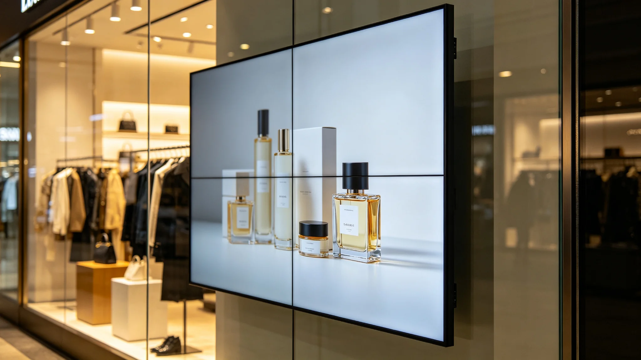 Qtenboard 55-inch anti-glare storefront screen showing sharp product imagery with minimal window reflection