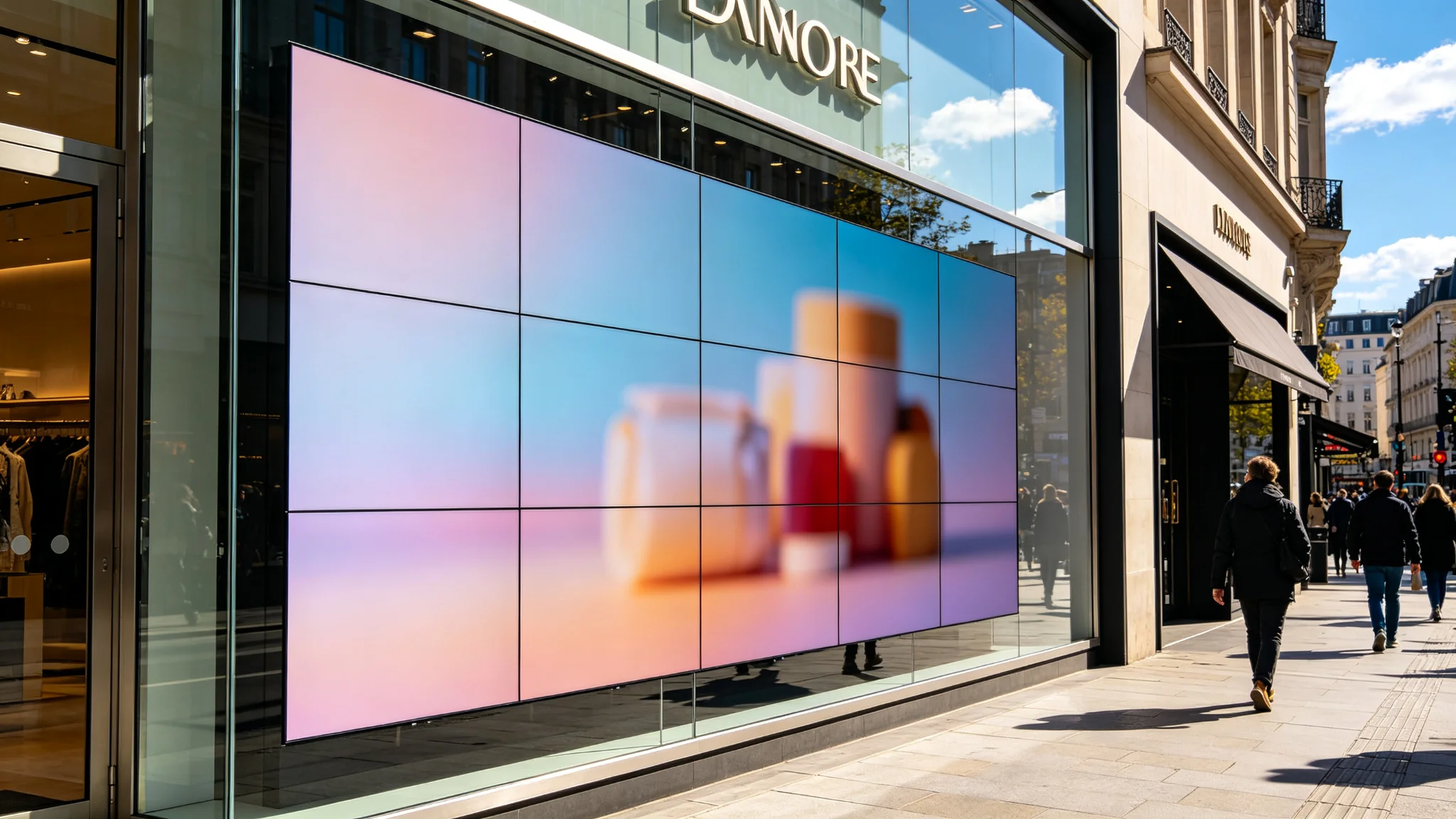 Qtenboard 55-inch high-brightness video wall readable in direct midday sunlight through a storefront window