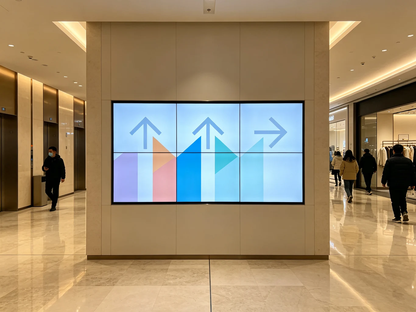 Qtenboard LCD video wall used as wayfinding signage at a shopping mall elevator lobby