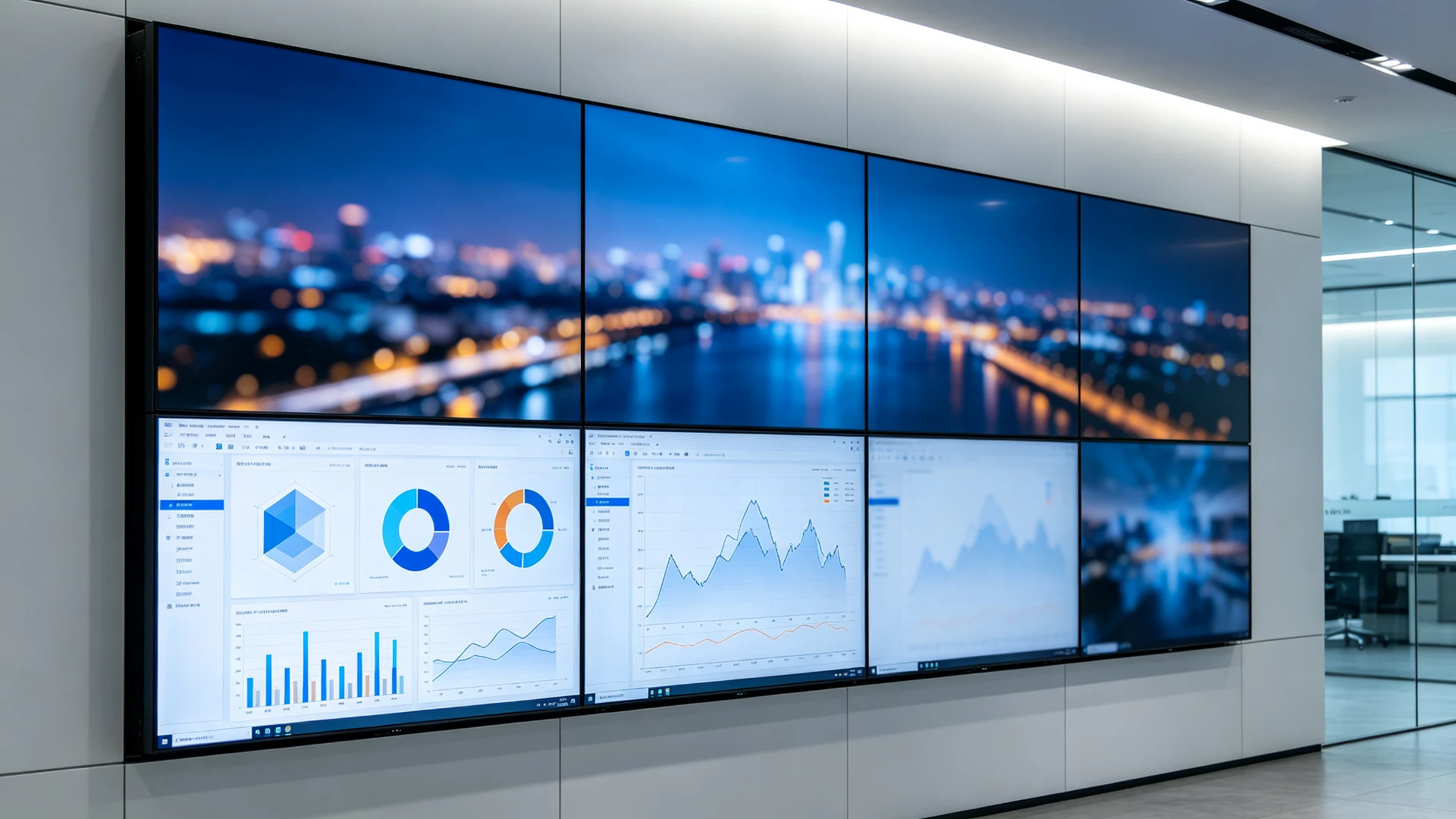 Qtenboard 55 inch LCD video wall running multi-signal split-screen display modes for mall digital signage