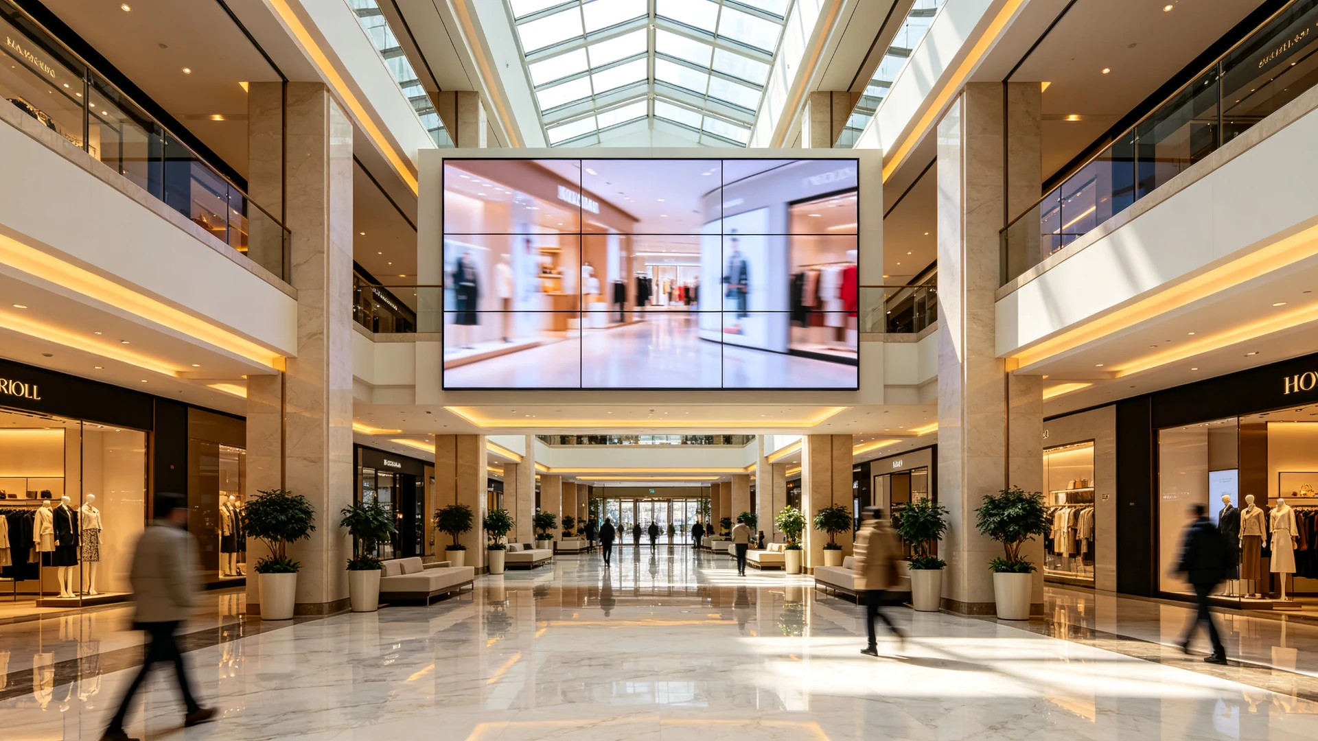 Qtenboard 55 inch LCD video wall installed in a shopping mall atrium for mall digital signage