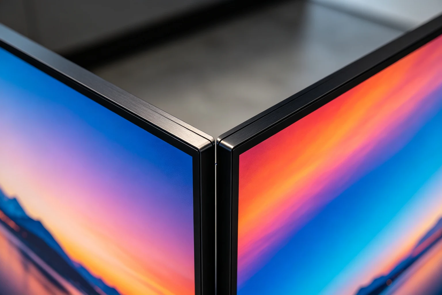 Close-up of the 0.88 mm ultra-narrow bezel and splicing gap between two Qtenboard 55 inch LCD video wall panels