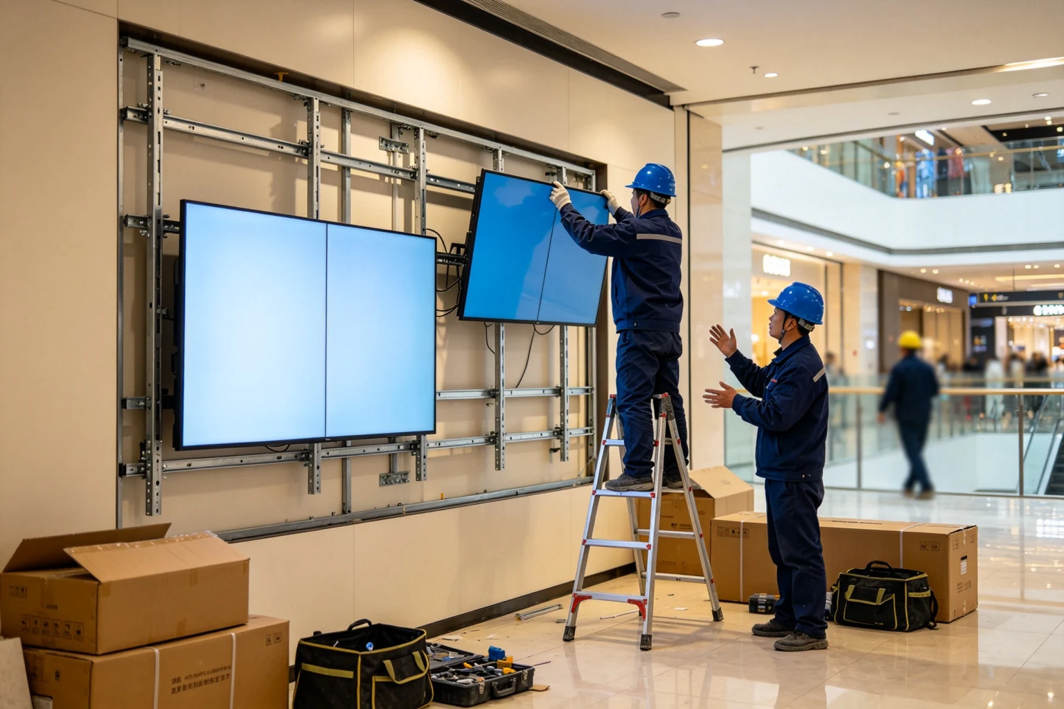 Technicians installing a Qtenboard 55 inch LCD video wall with cabinet wall mount in a shopping mall