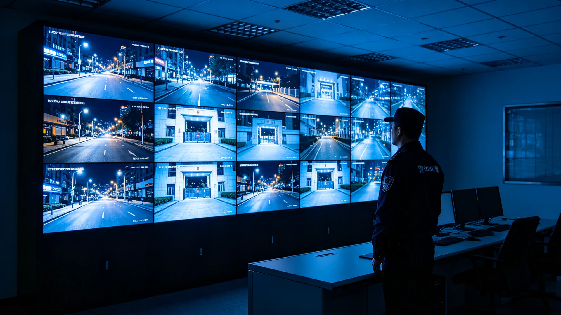 Qtenboard security video wall running 24/7 monitoring in a night shift command center