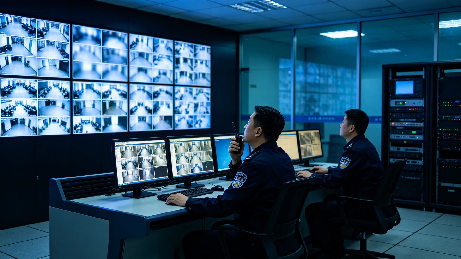 Security control room operators monitoring a Qtenboard video wall for security monitoring