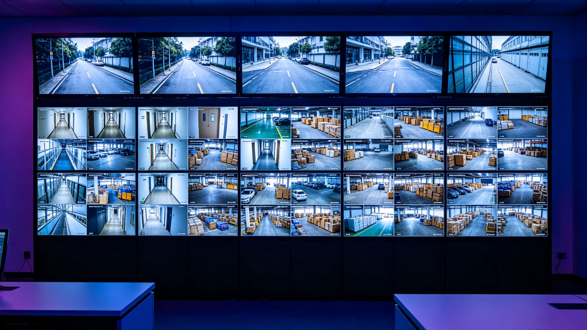 CCTV control room video wall showing multiple camera feeds on one surveillance display