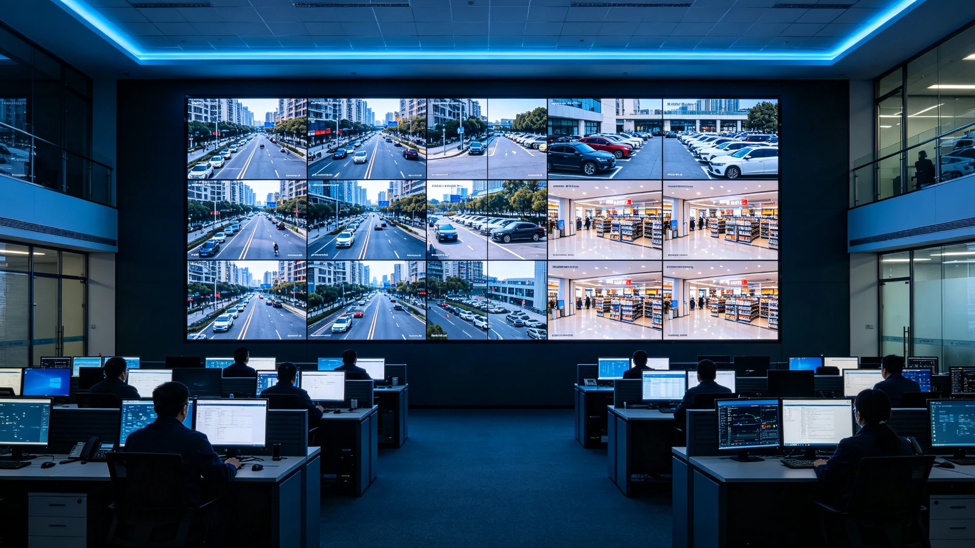 Qtenboard control room video wall displaying live camera feeds in a security command center