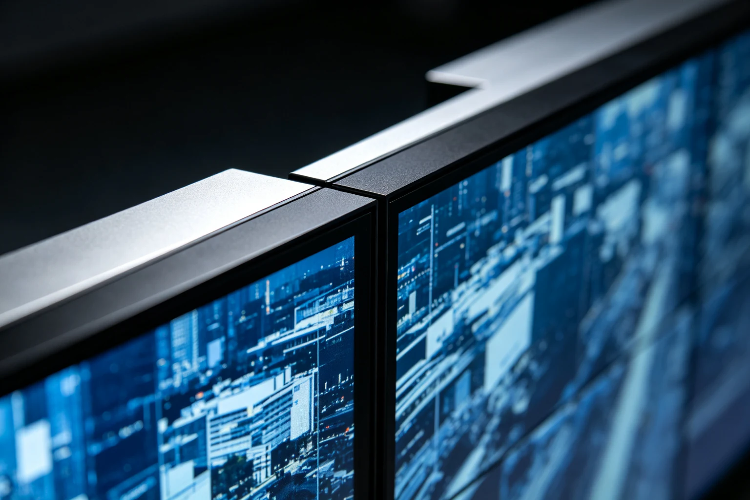 Ultra-narrow bezel detail of Qtenboard CCTV video wall panels for security monitoring