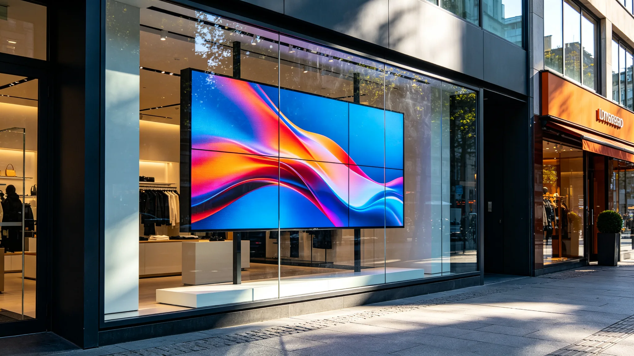 High-brightness retail video wall in a storefront window staying readable in daylight with anti-glare treatment