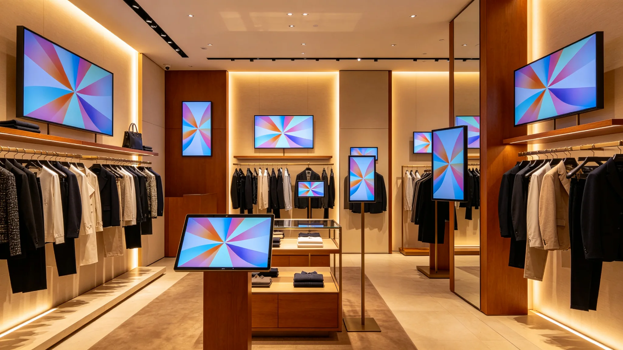 In-store digital signage video walls displayed throughout a boutique retail store
