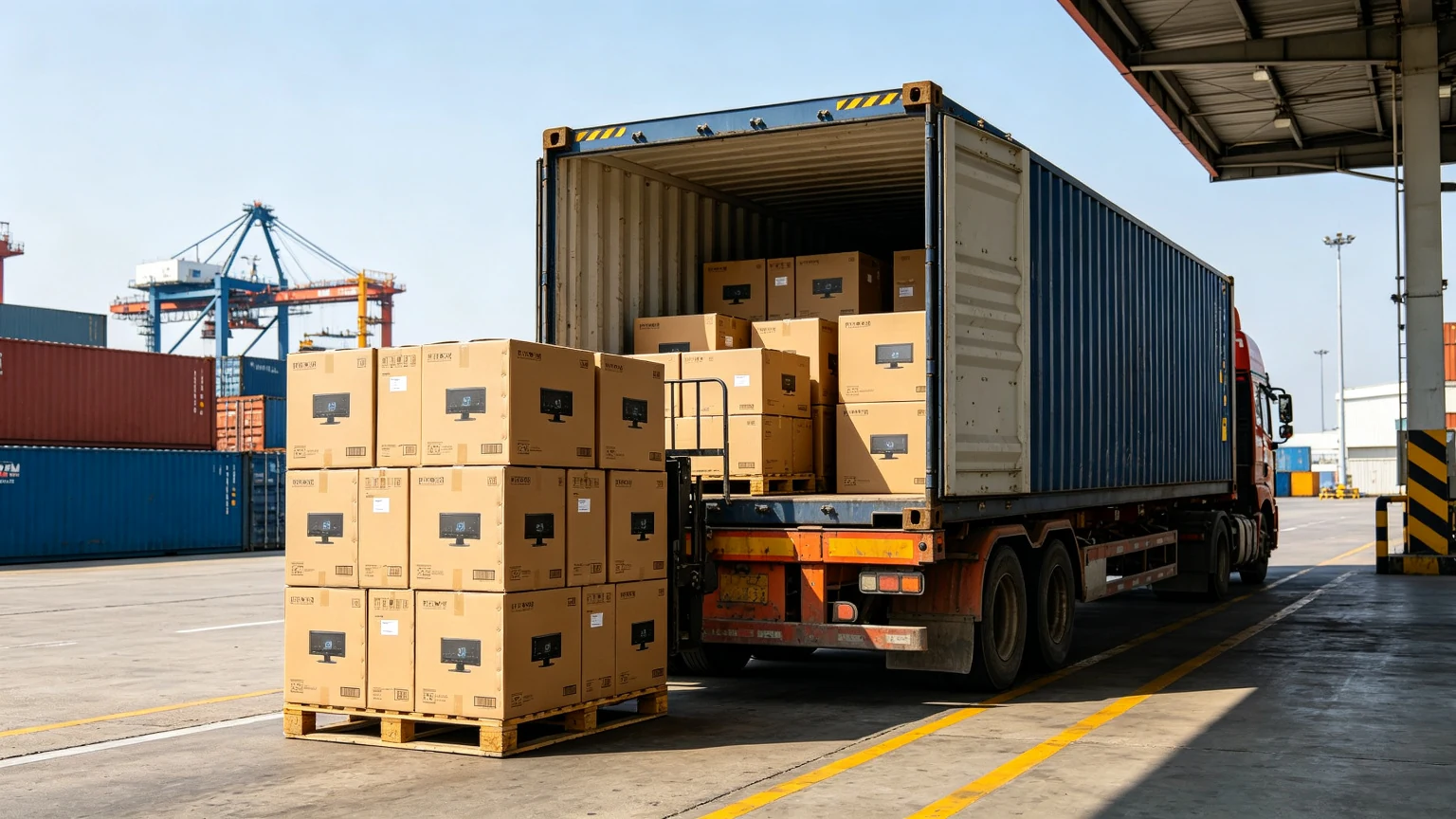 Shipping container loading export of interactive flat panel wholesale orders