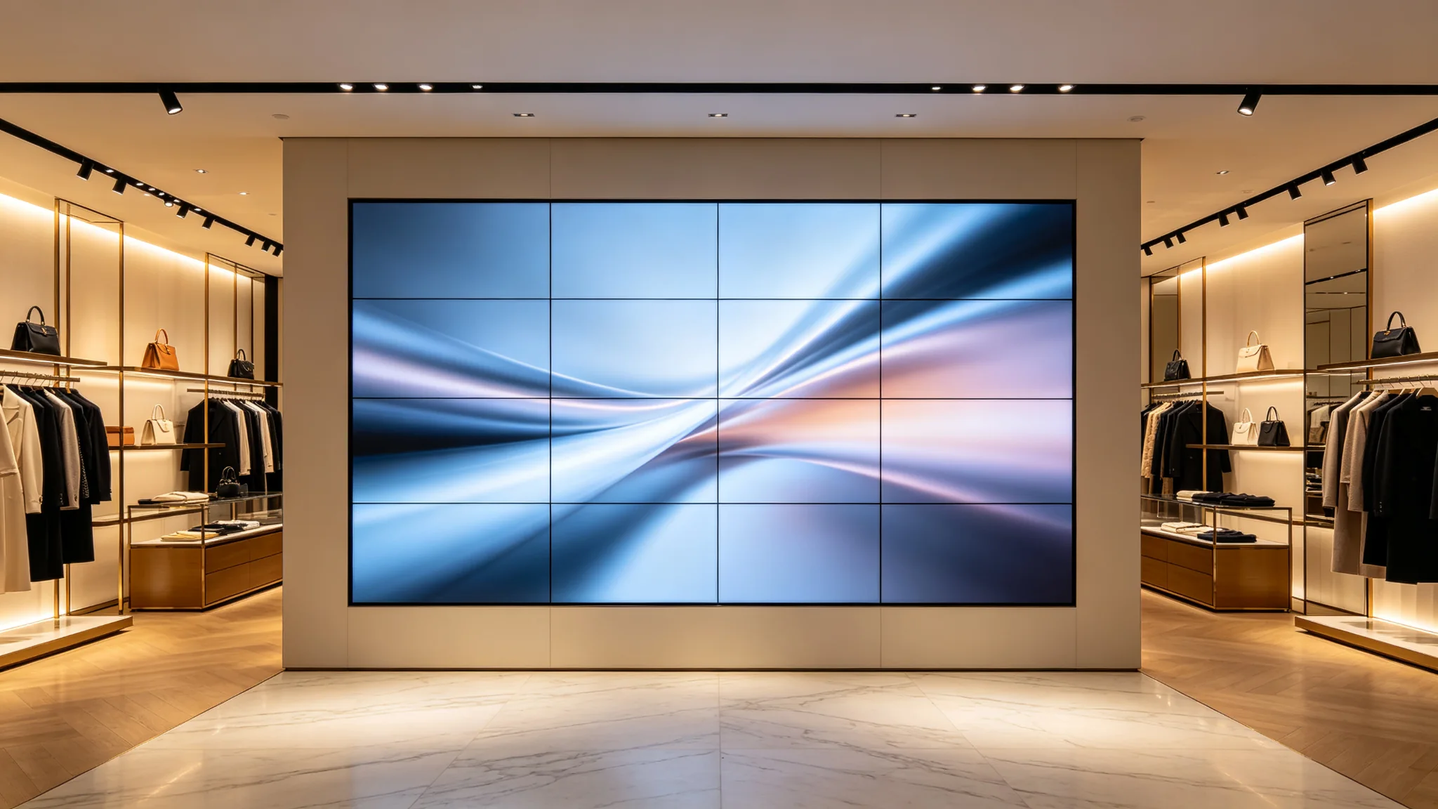 LCD video wall installed in a retail flagship store showing brand content on a seamless in-store display