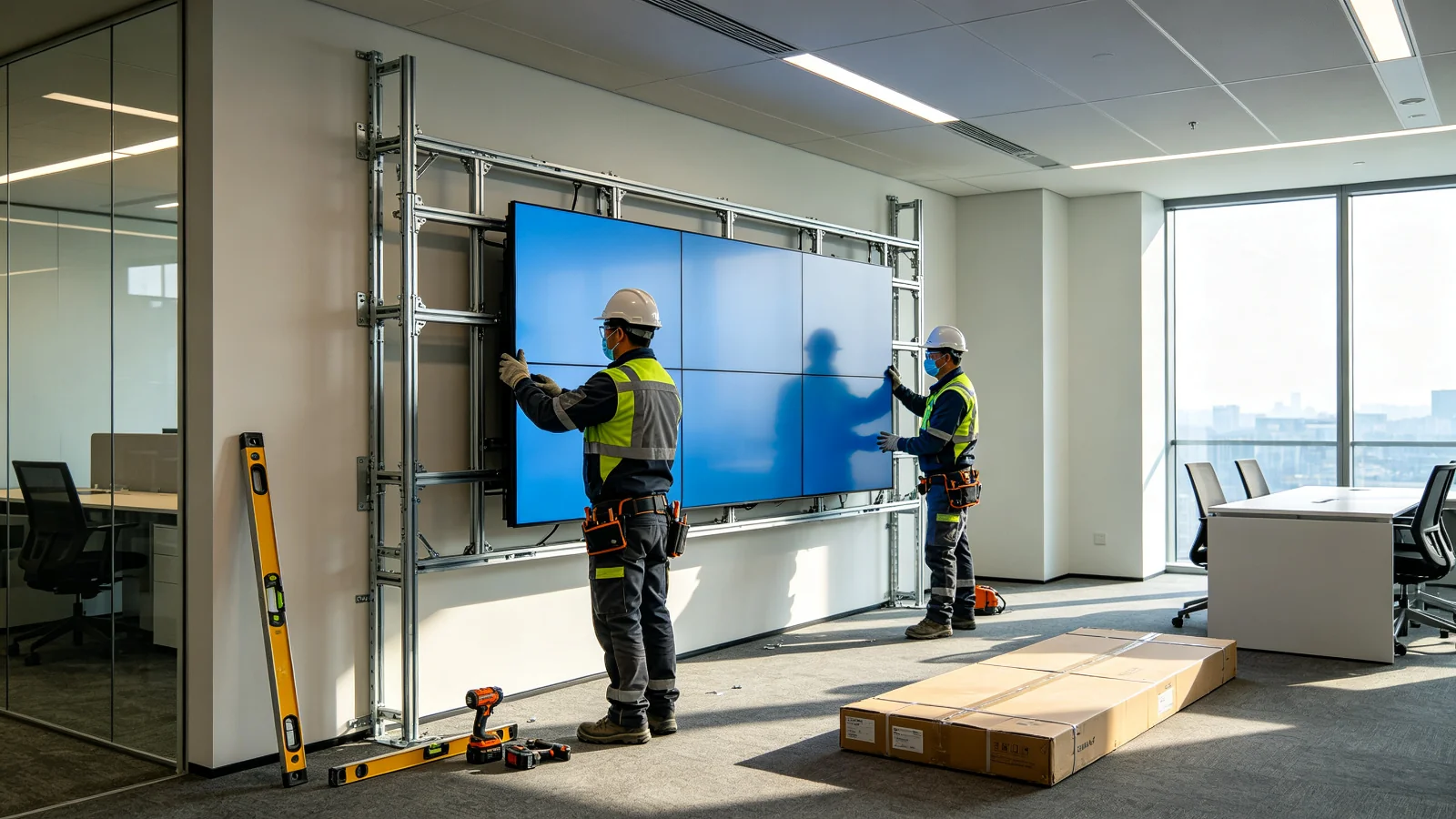 LCD video wall installation cost breakdown — engineers mounting panels on a steel structure frame