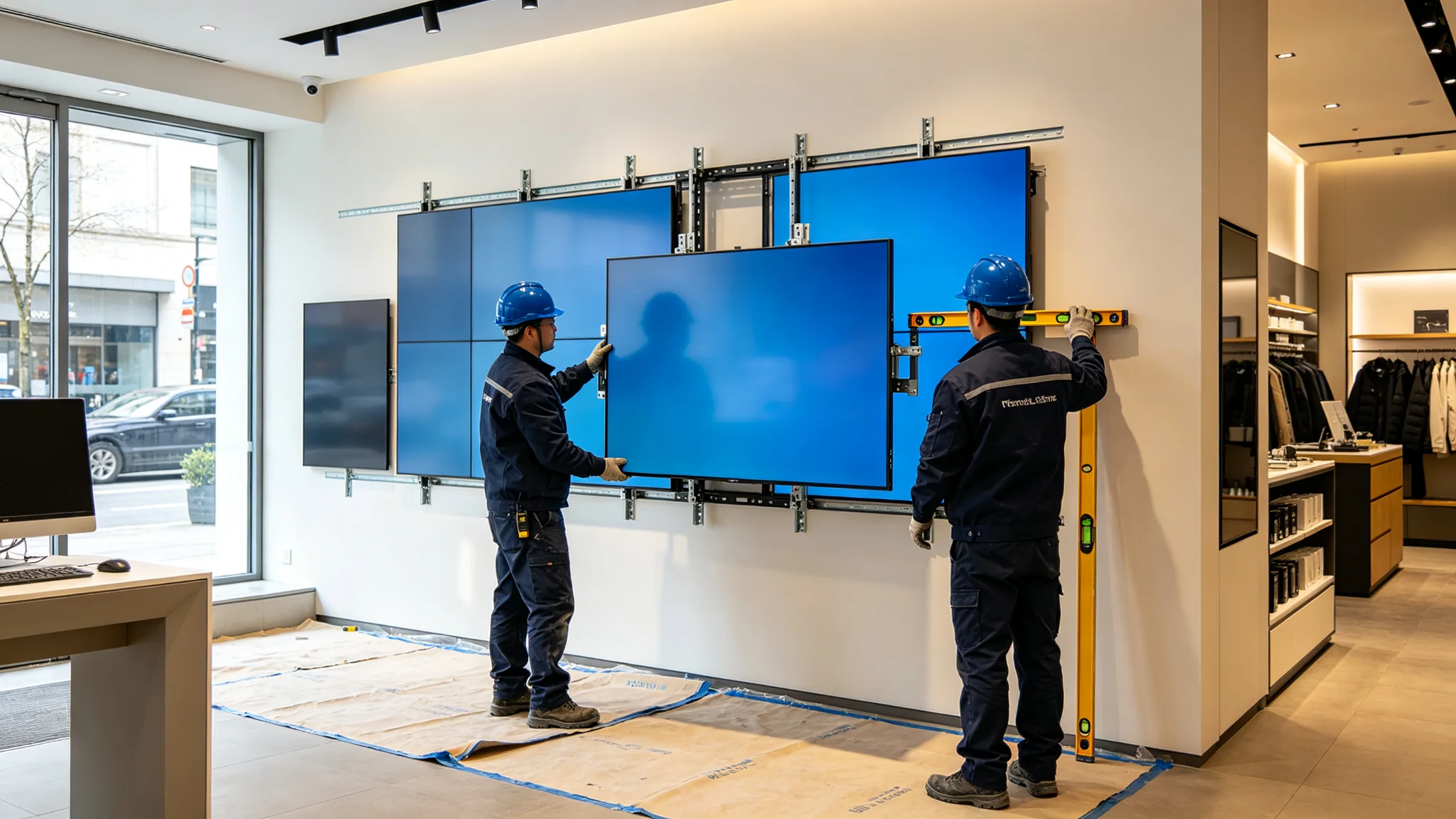 Technicians installing an LCD video wall with a quick-release mounting frame inside a retail store