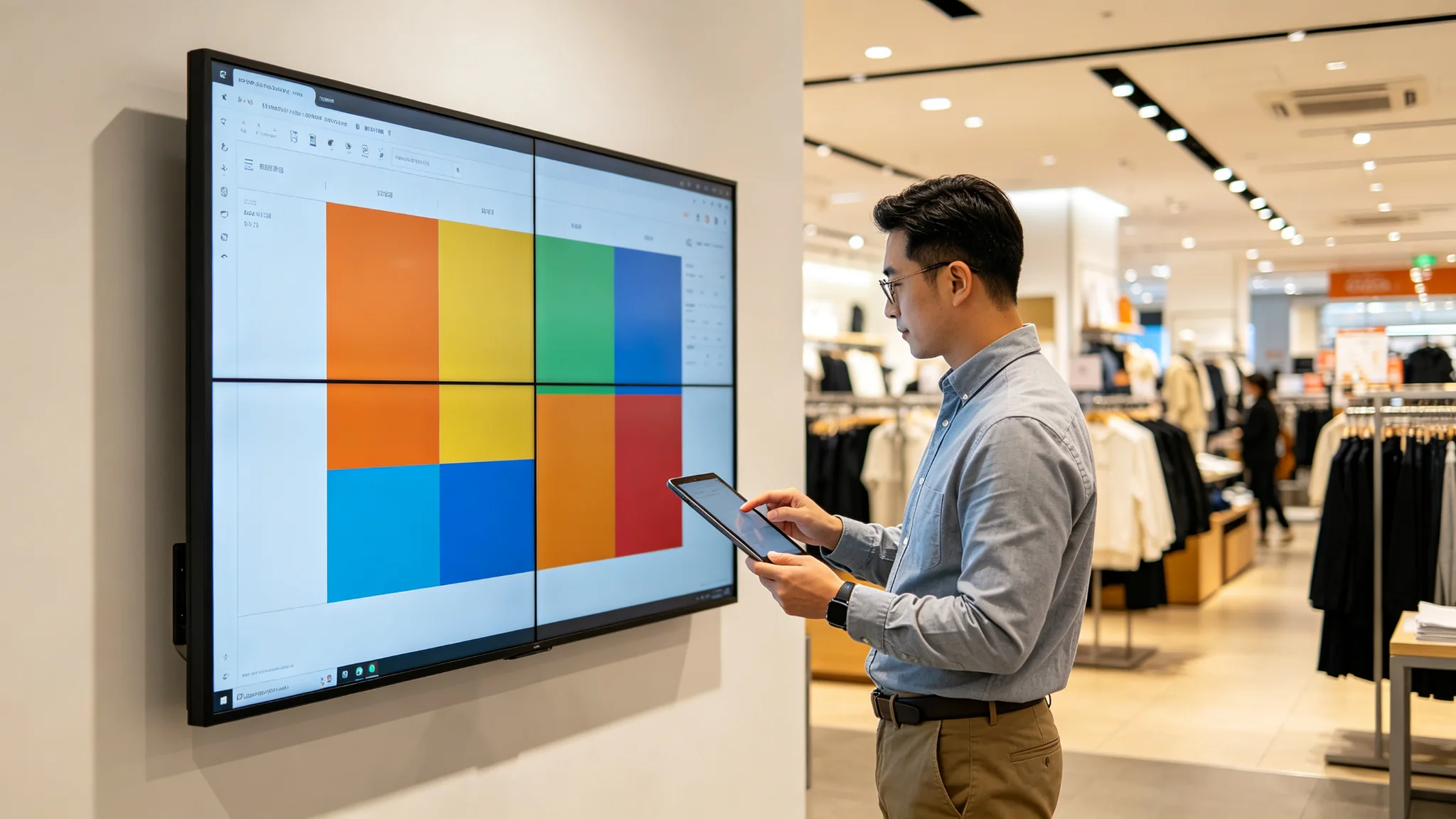 Retail manager scheduling in-store digital signage content on a tablet in front of an LCD video wall